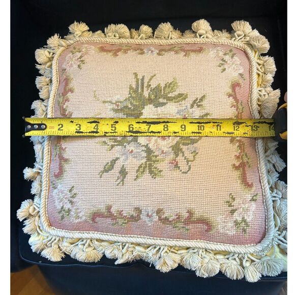 Vintage Needlepoint Pillow | Hand Embroidered Wool Floral Cushion - Picture 4 of 6